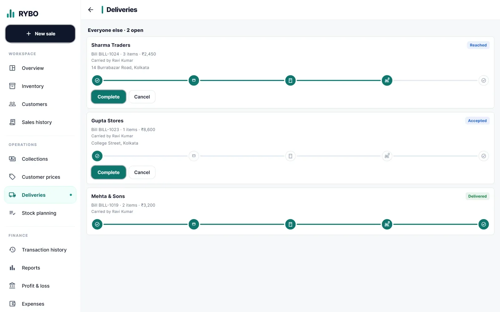RYBO deliveries board on desktop